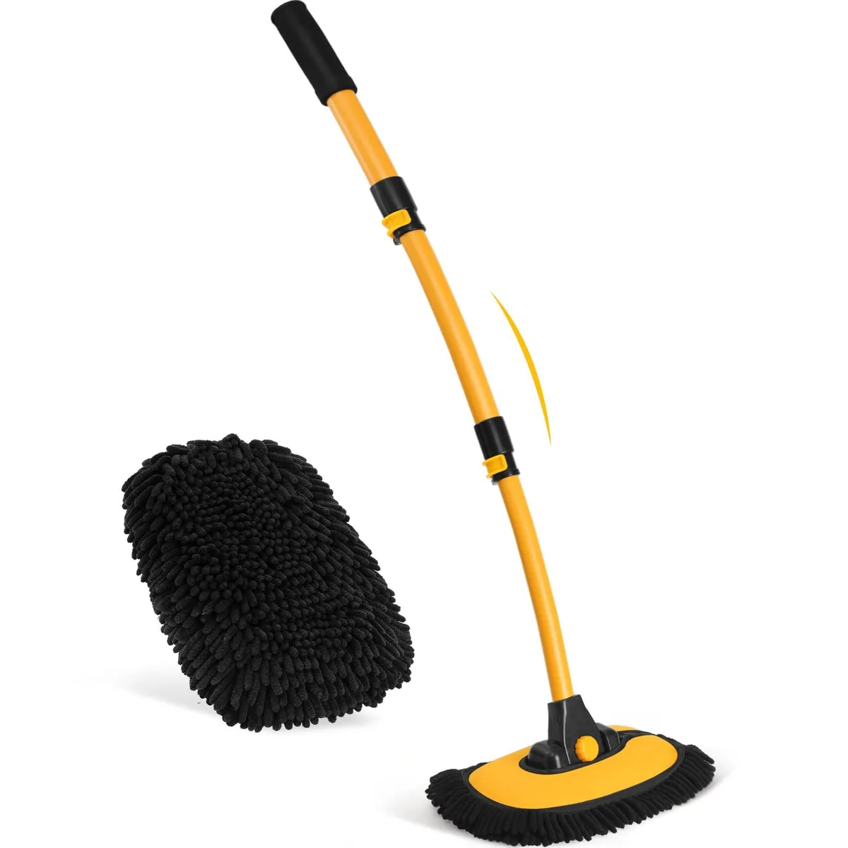 Yellow and black microfiber wash brush on 43 inch curved aluminium pole