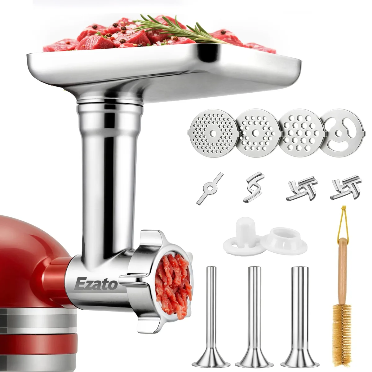 Black aluminium meat grinder attachment with stainless steel plates and sausage tubes