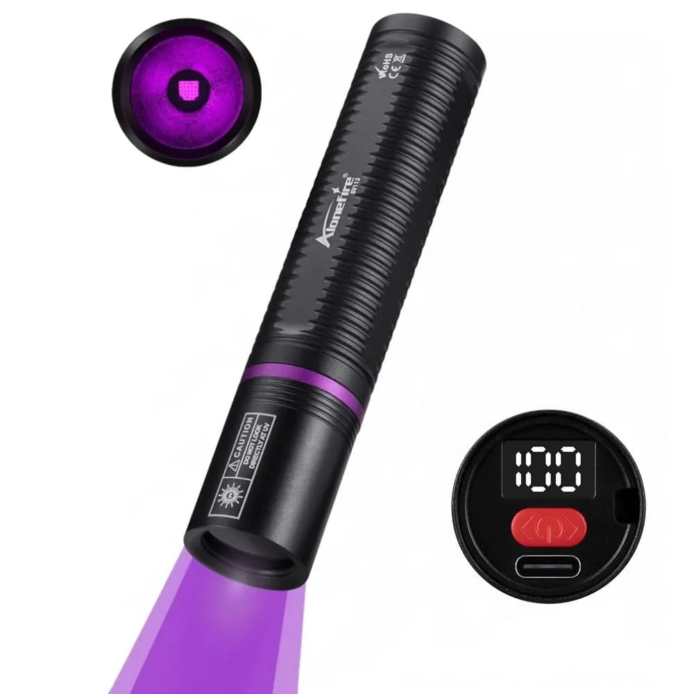 Compact black aluminium UV flashlight with LCD display and USB-C port