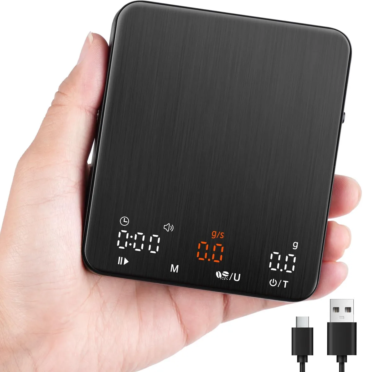Yellow rectangular digital coffee scale with LED display, silicone heat mat, and USB-C port