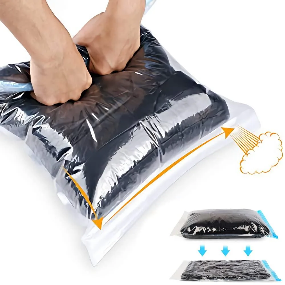 Ten blue nylon compression bags in three sizes, flat with zipper closures and roll-up valves