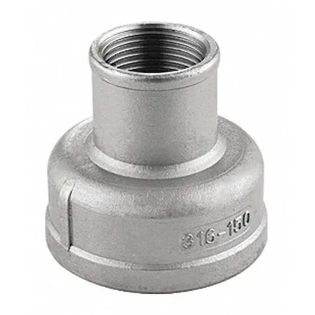 Hexagonal stainless steel reducing coupling, silver finish, female threads both ends
