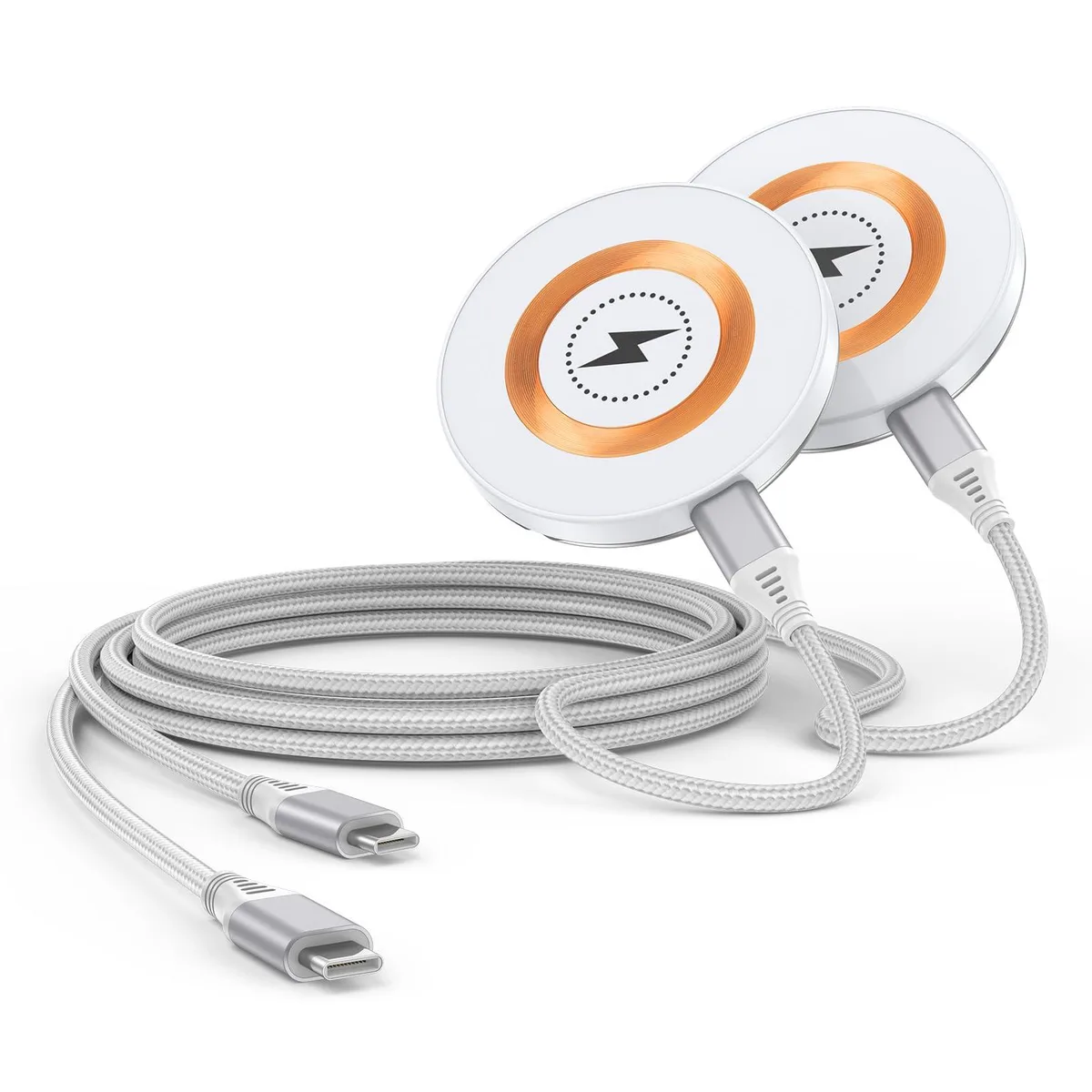 Two thin white magnetic charging pads with USB-C cables