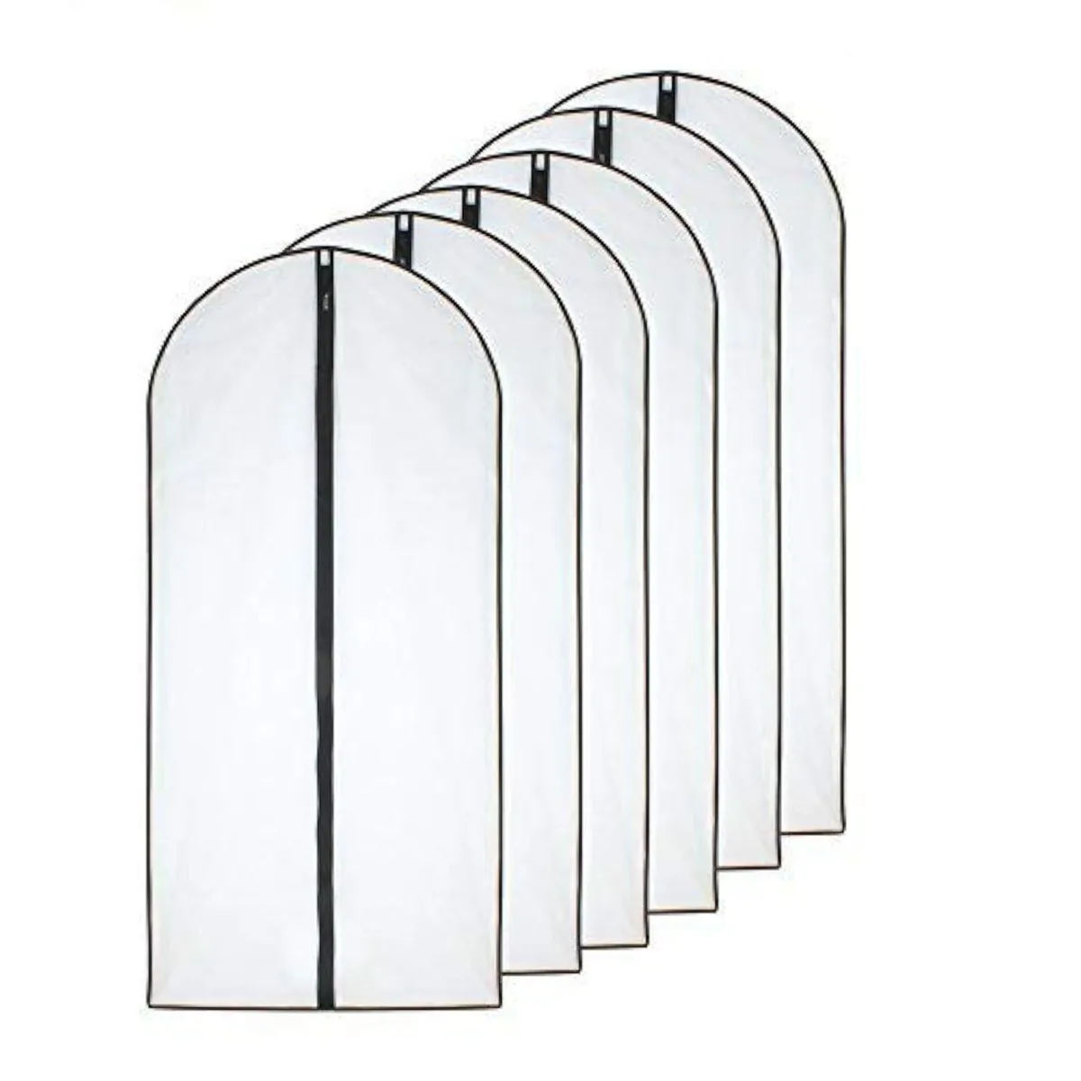 Six beige garment bags, 24 by 40 inches, translucent with zippers