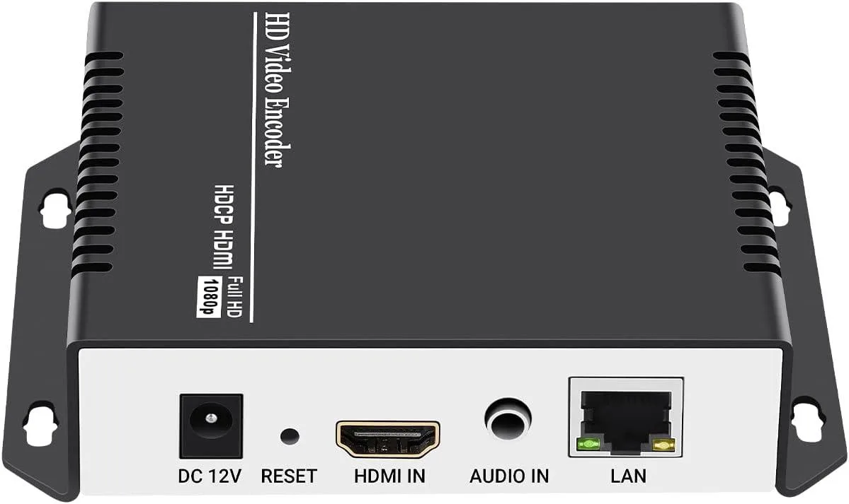 Compact aluminium video encoder box 5.2 by 4.1 by 1.1 inches HDMI and 3.5mm audio inputs Ethernet port