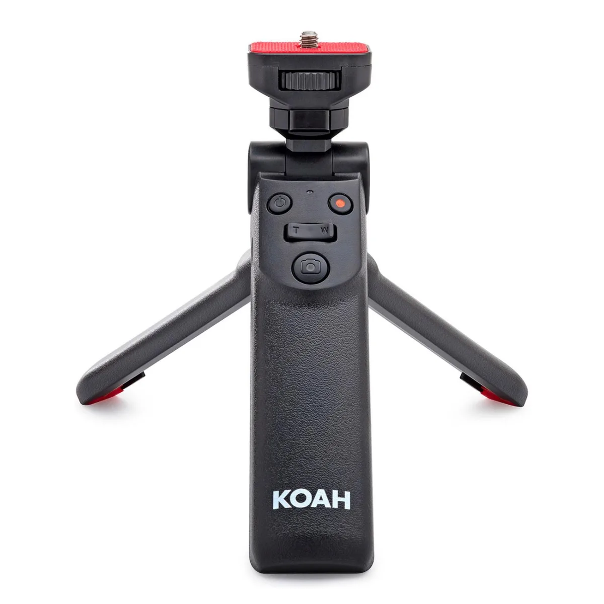 Koah grip and tripod for compact mirrorless camera, polycarbonate rubber aluminum finish, folds to 5-inch tabletop tripod