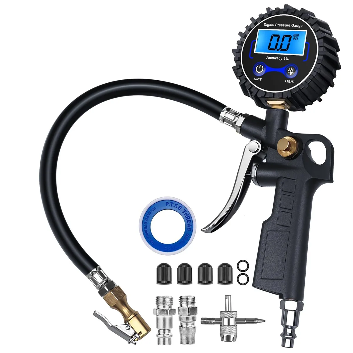 Handheld digital tire gauge with rubber hose, brass chuck and backlit LCD display