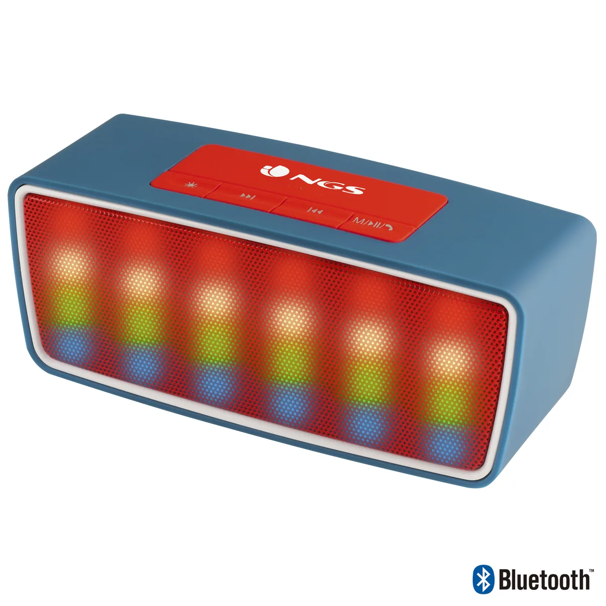 Compact blue and white Bluetooth speaker with rounded rectangular shape and smooth finish