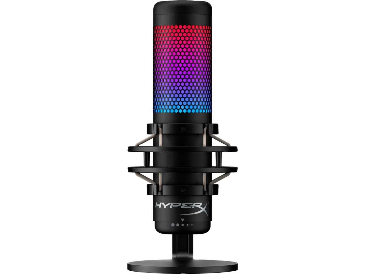 Black cylindrical USB condenser microphone on elastic suspension stand with RGB lighting ring and pop filter