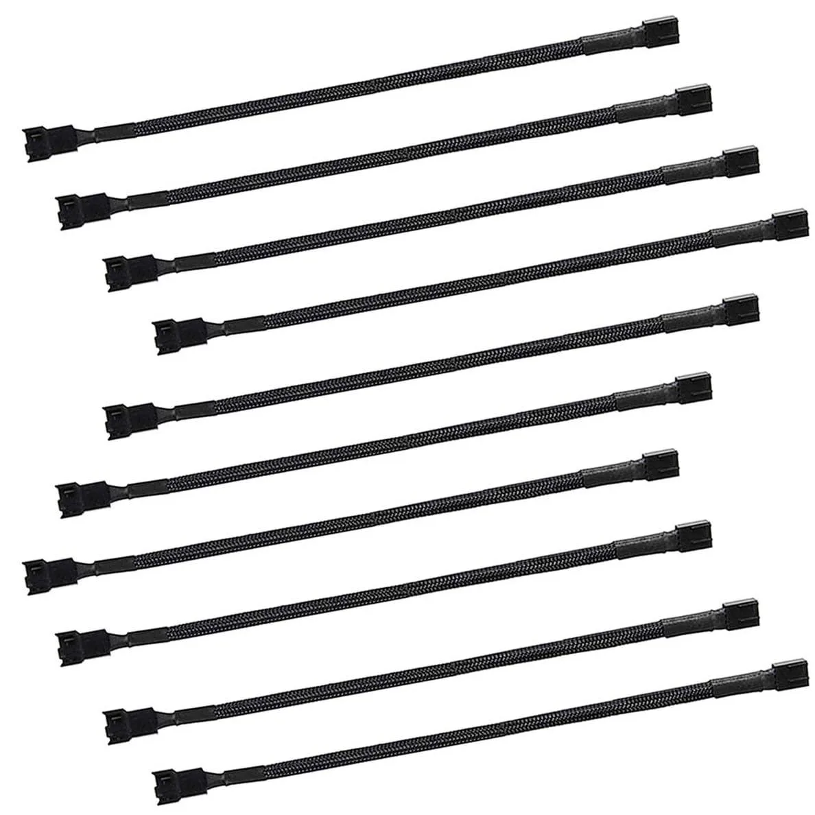 Ten black braided nylon PWM fan extension cables, each 27 cm with 4-pin male to female connectors