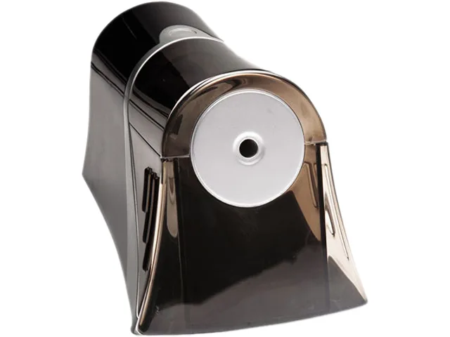 Compact electric pencil sharpener in black and silver, rectangular desktop form with shavings reservoir