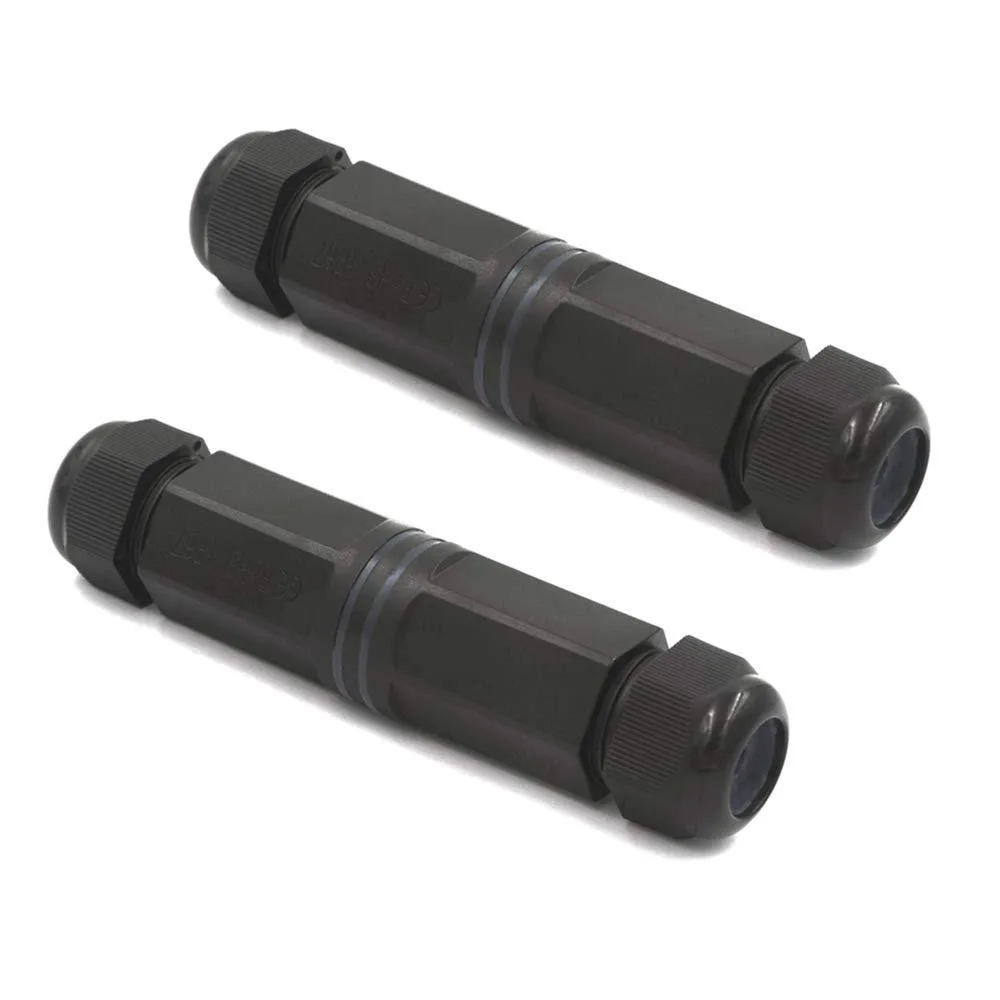 Two black RJ45 waterproof couplers with threaded ends, 5.3 in long