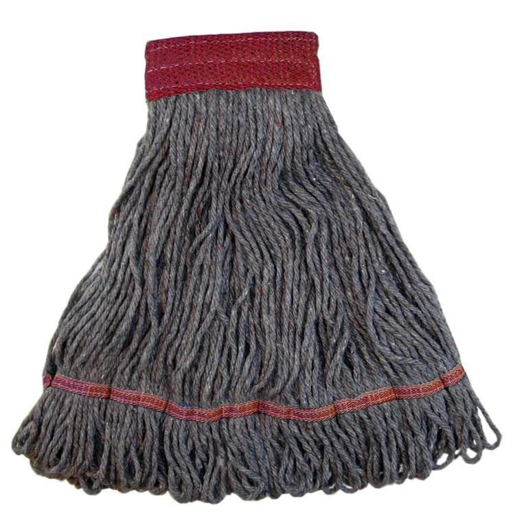 Twelve large blue looped-end mop heads with tailbands in a carton