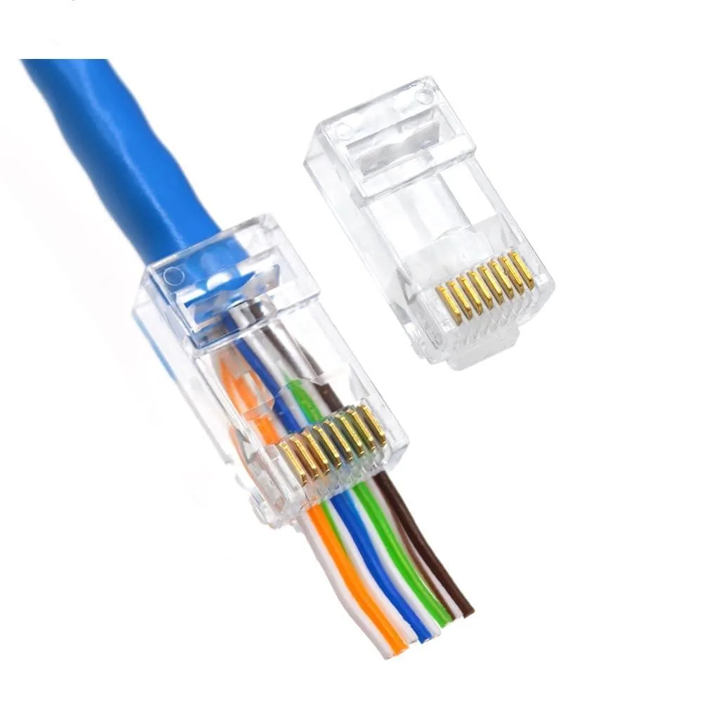 Clear plastic RJ45 pass-through connectors, 100 pieces in bulk bag