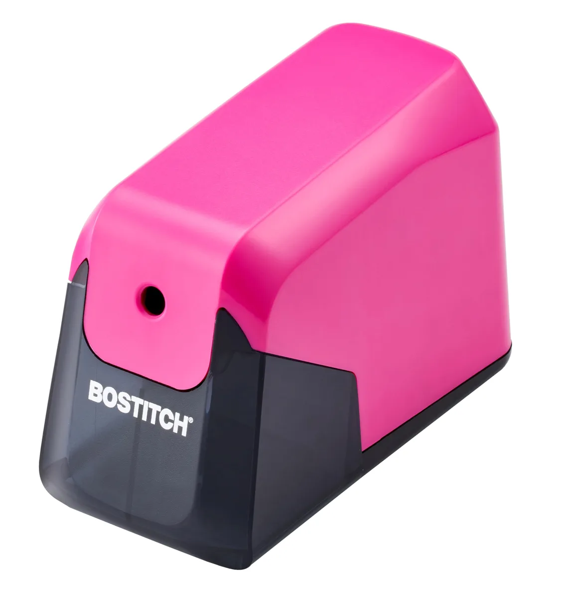 Pink plastic battery pencil sharpener, compact rectangular shape with glossy and matte finish