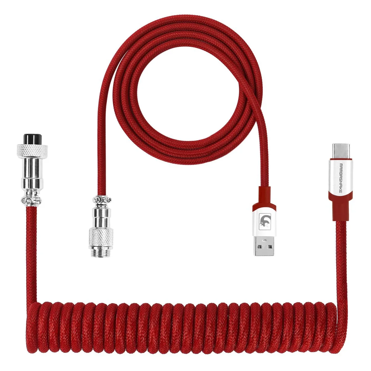 Red coiled USB-C to USB-A cable with metal aviator connector, braided nylon sleeve