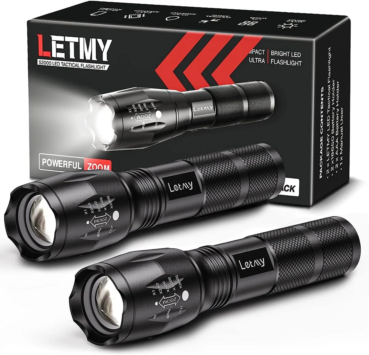 Two compact aluminium flashlights with zoom heads and wrist straps