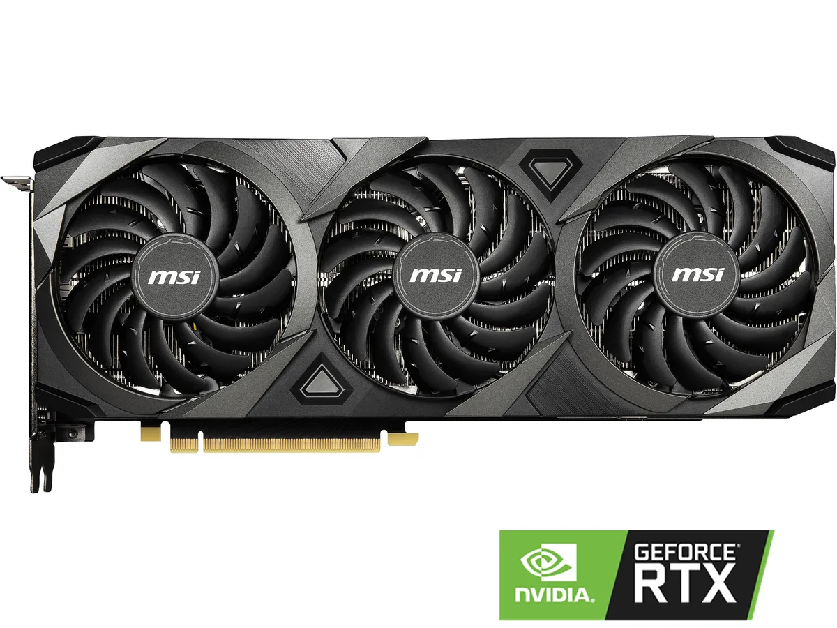 MSI Ventus GeForce RTX 3090 graphics card with triple fans and brushed metal backplate