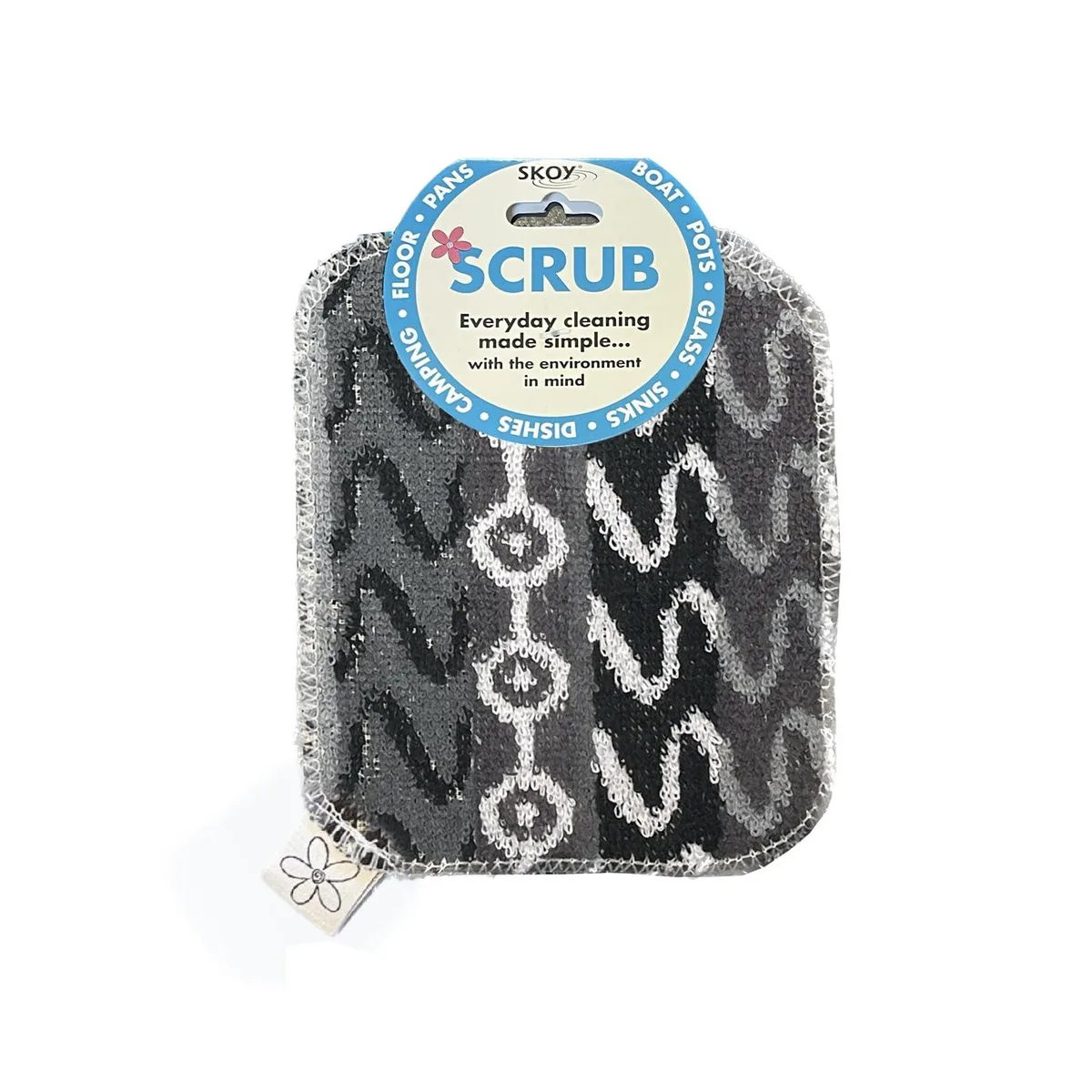 A thin, flat rectangular scrubber in a solid colour, about six inches by five inches