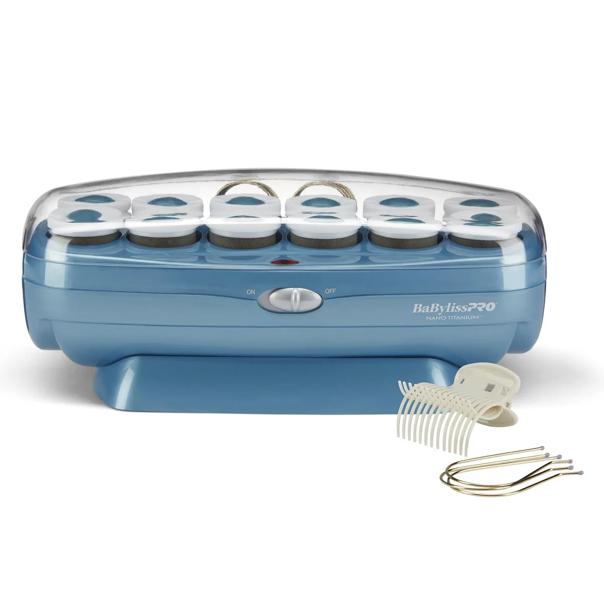 Set of 12 flocked titanium rollers with clips in storage case