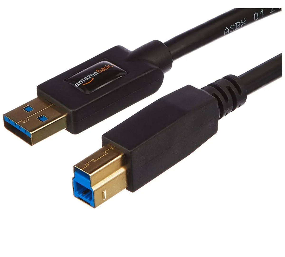 Black USB 3.0 cable with gold-plated Type-A and Type-B connectors, 6 ft