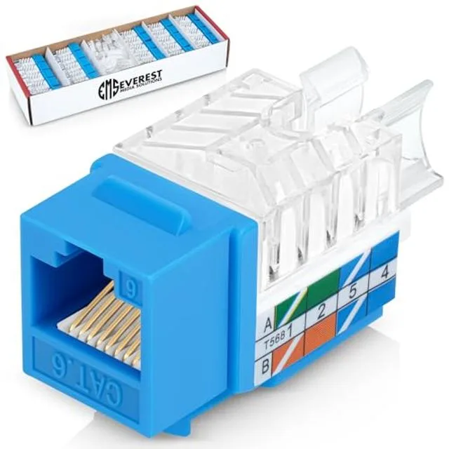 Blue 45-degree angled CAT6 keystone jacks, slim RJ45 connectors, 50-pack