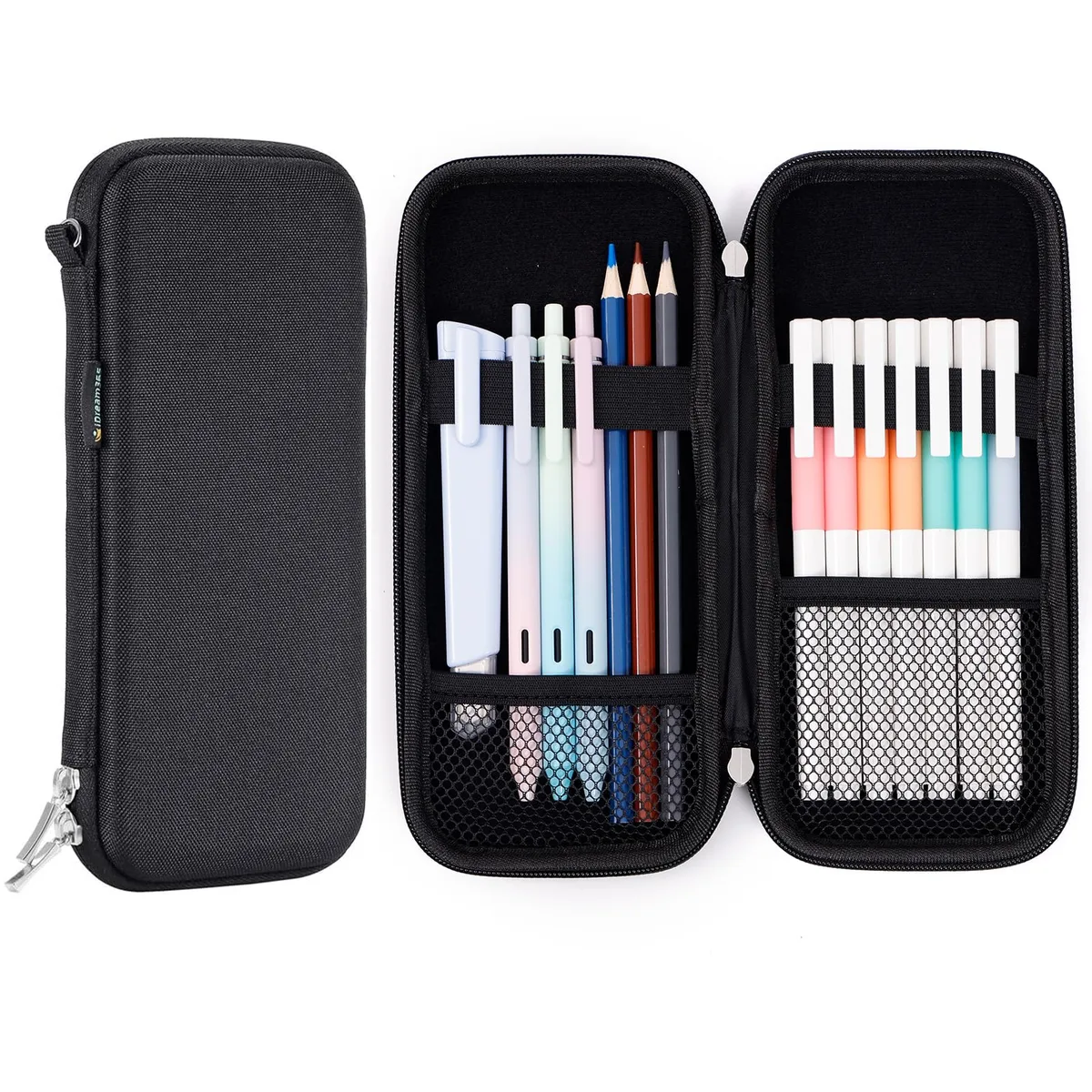 Black semi-hard rectangular pencil case with zipper closure and woven fabric finish