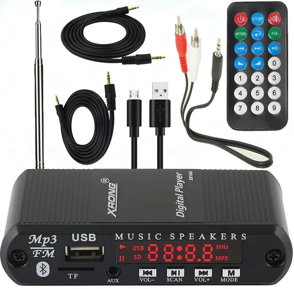 Black rectangular Bluetooth receiver with LED display, USB and card slots, 3.5mm output, remote included