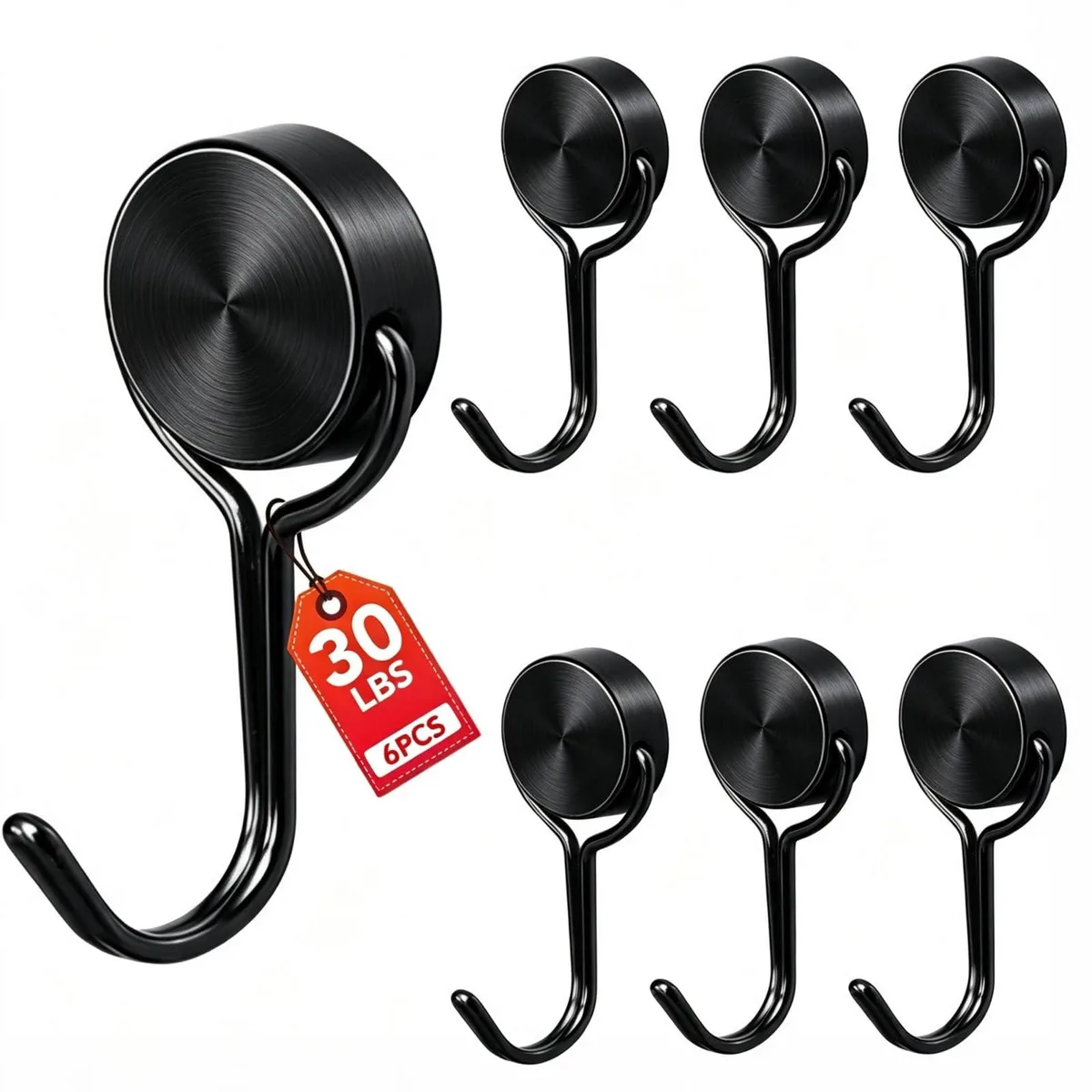 Six black magnetic hooks with swivel bases on a metal surface