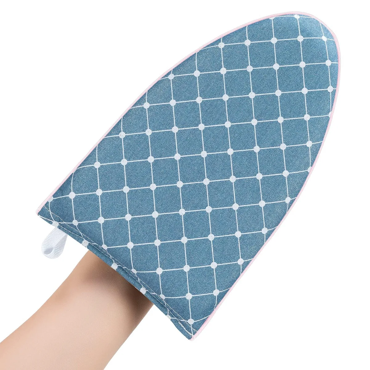 Blue heat-resistant steamer glove with finger loop and pointy head, 450g