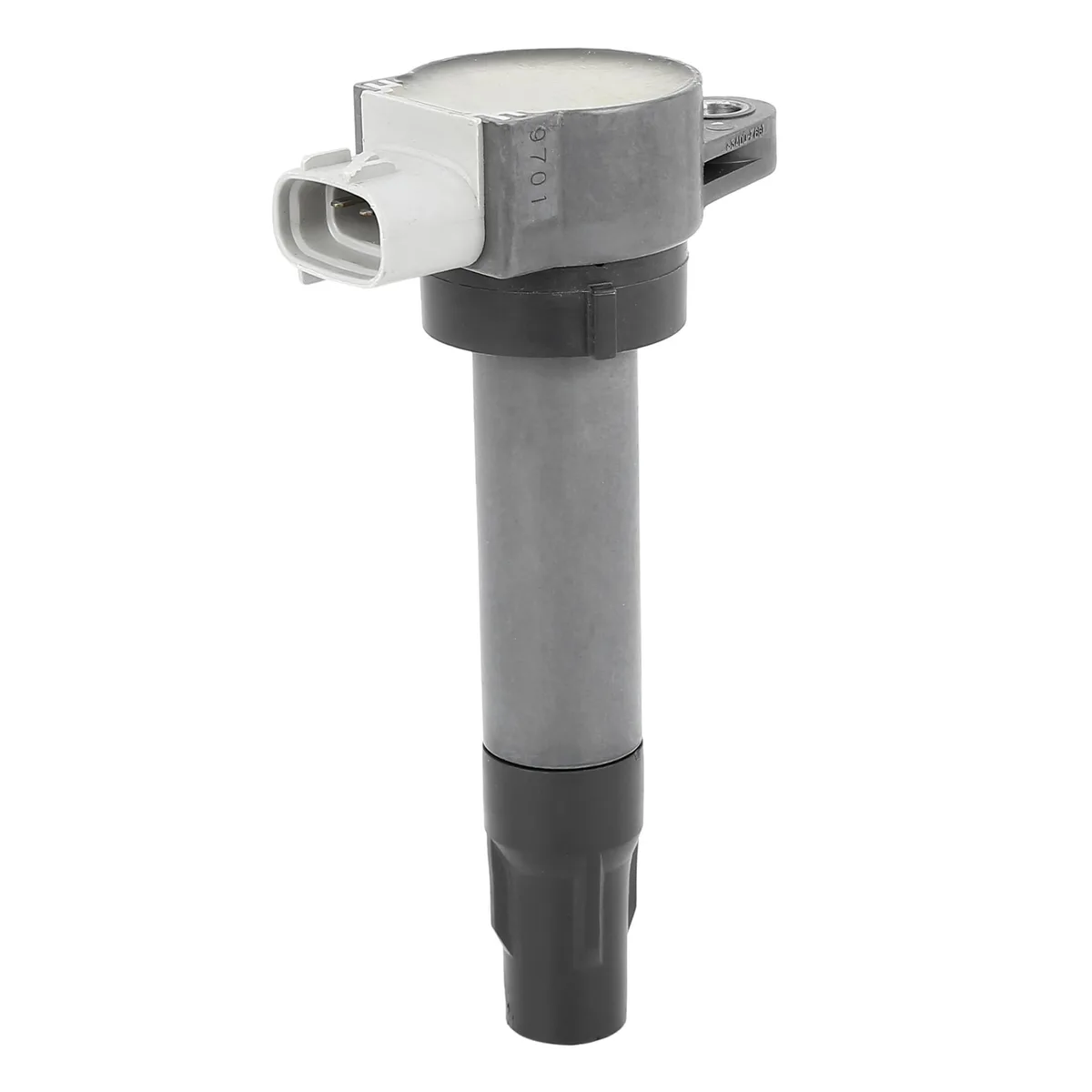 Black plastic and metal ignition coil, rectangular block with three pins, 7.4 by 4 by 13.3 cm
