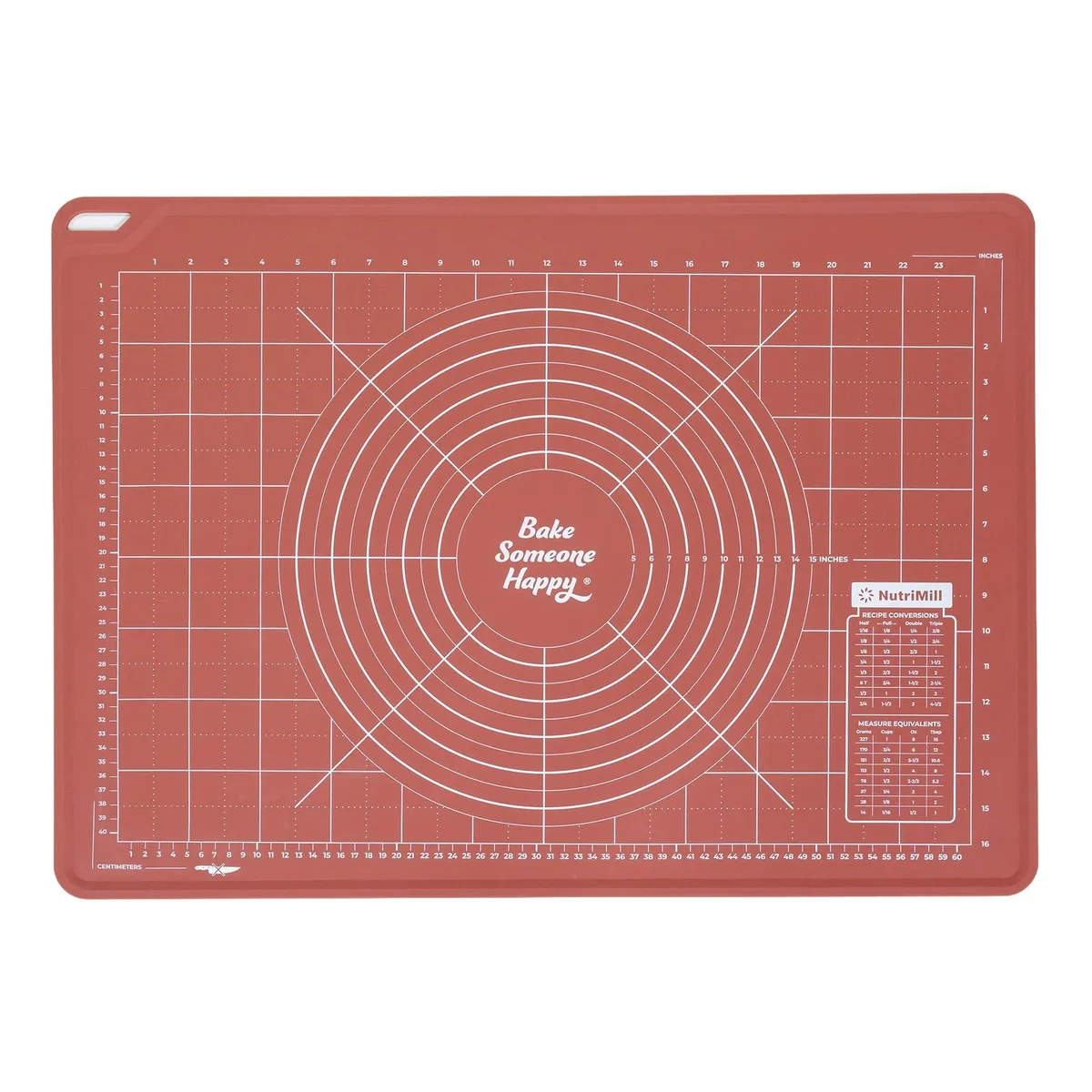 Rectangular rust-coloured silicone dough mat measuring twenty by twenty-eight inches