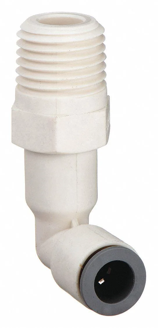 White bio-based nylon push-fit elbow fitting with threaded end