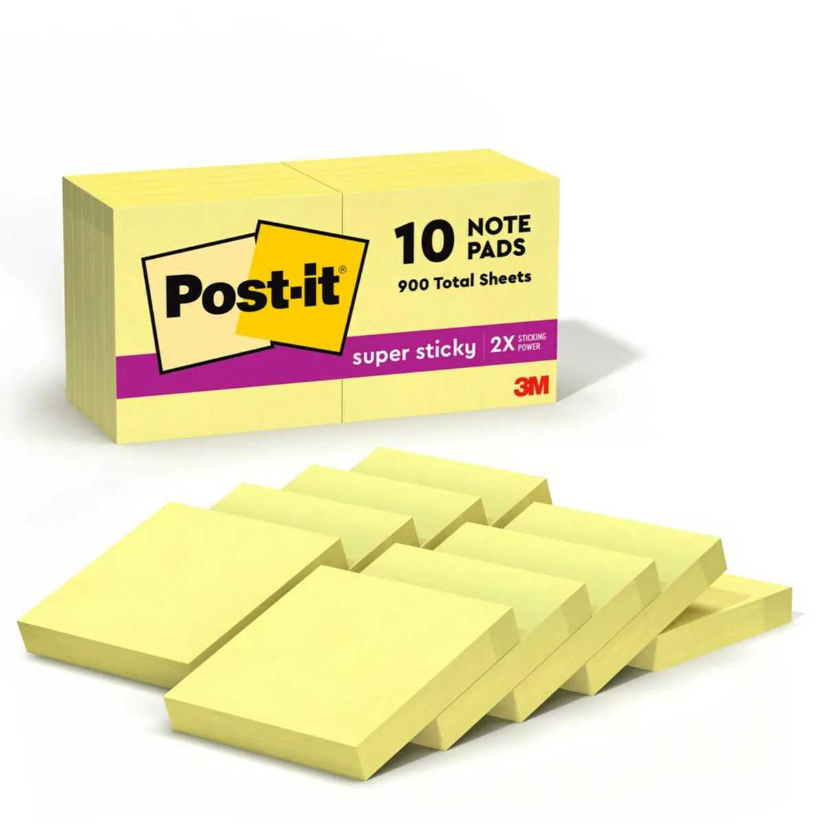 Ten square canary-yellow sticky-note pads in a paperboard carton