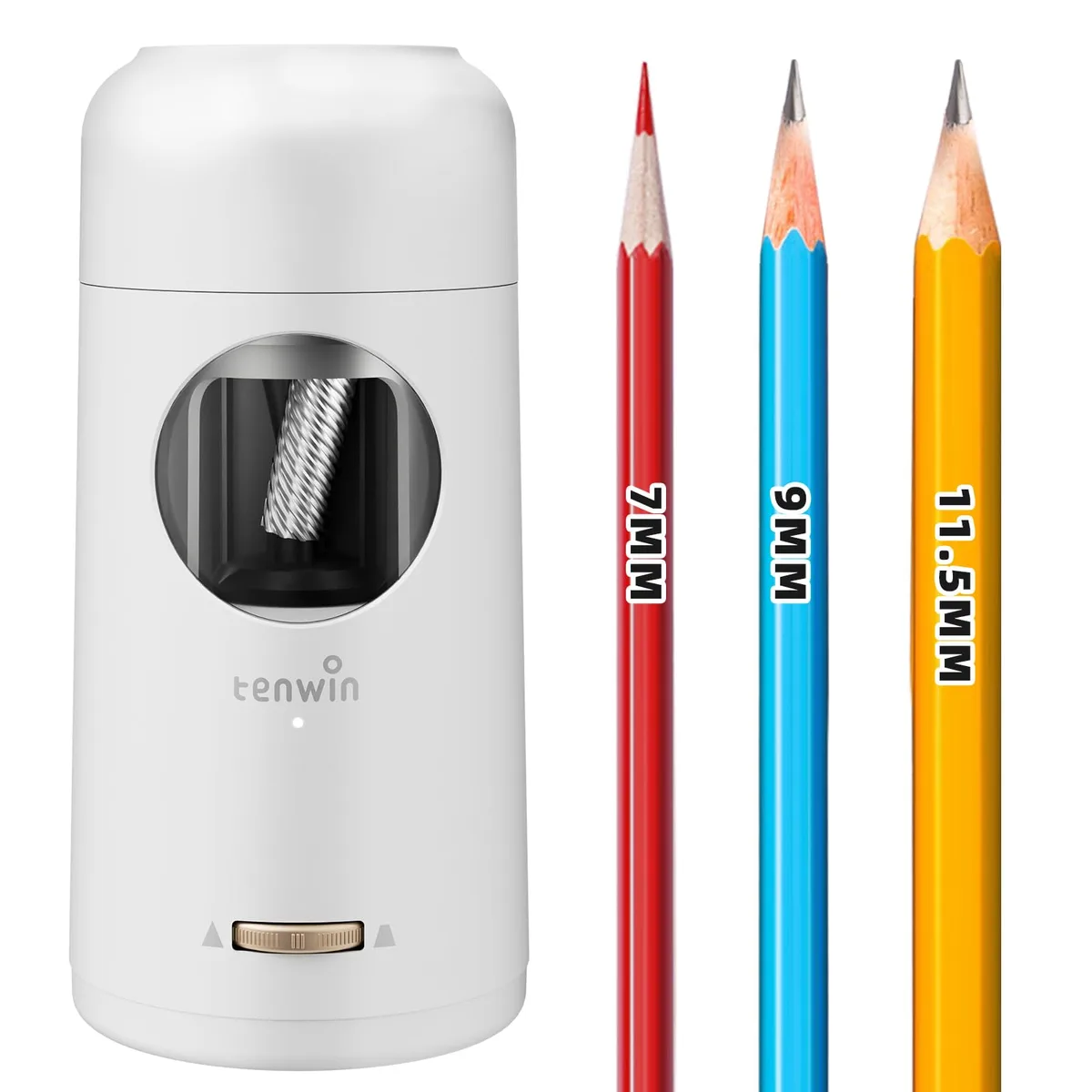 Silver electric pencil sharpener with automatic pencil feed and ejection