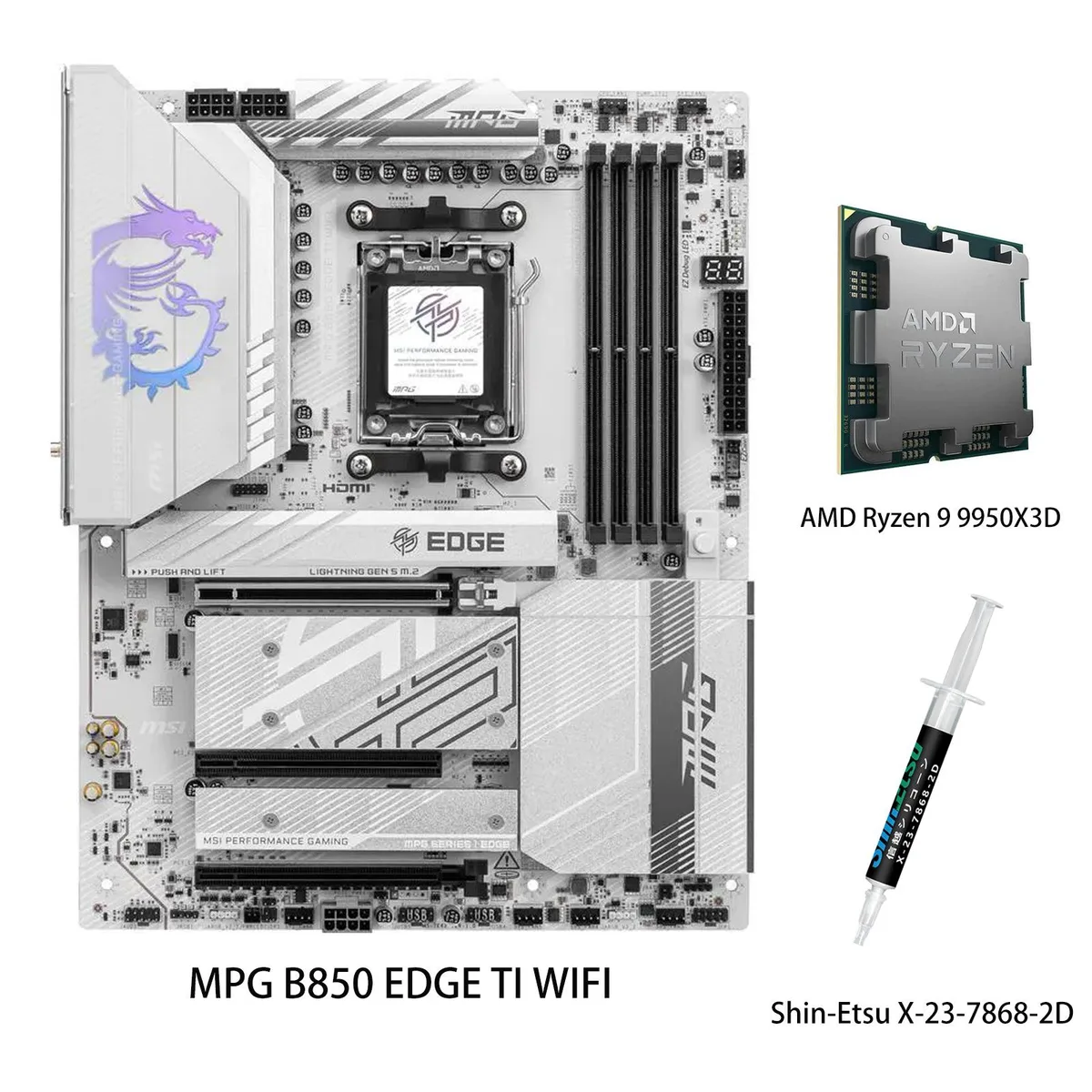 MSI MSI MPG B850 EDGE TI WIFI White AMD motherboard &amp; Ryzen 9 9950X3D CPU combo — product photo