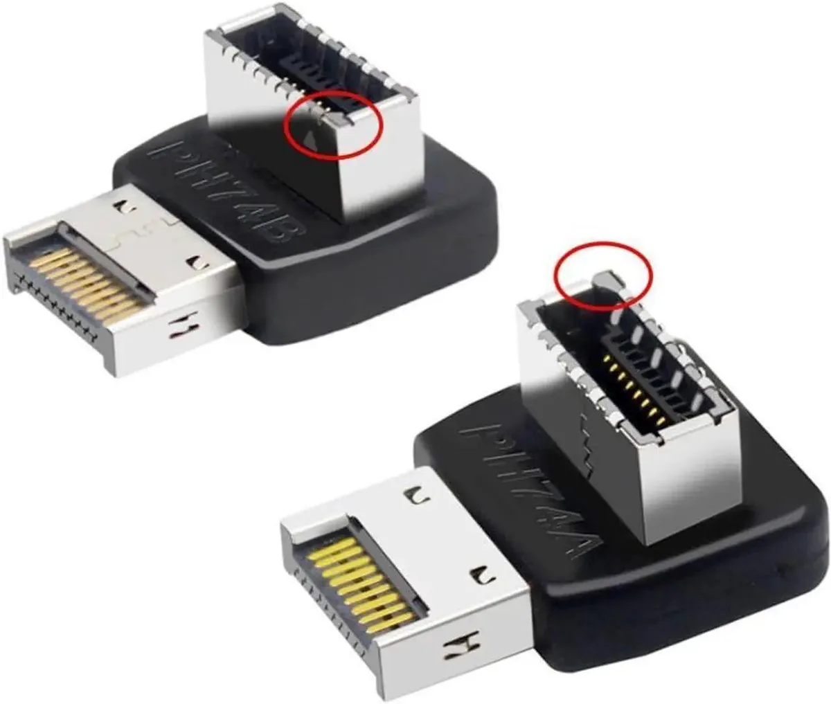 Two 90-degree USB 3.1 Type-E header adapters with gold pins