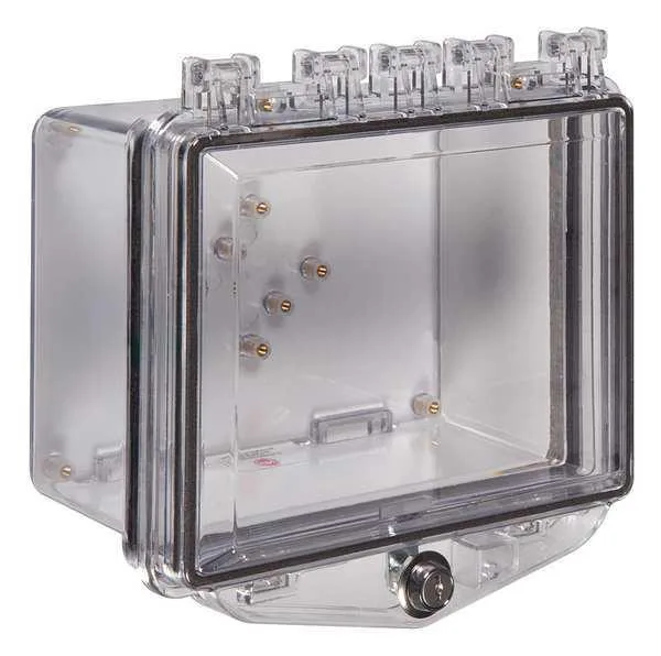 Clear polycarbonate enclosure with external key lock, 10 inches square and 5 1/4 inches high