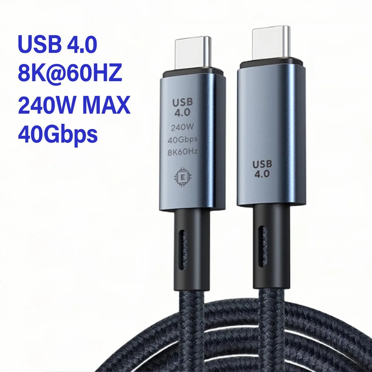 Gray braided USB-C to USB-C cable, 13 ft, aluminum alloy connectors