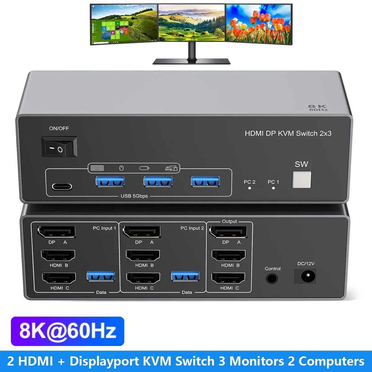 AUTYUE AUTYUE KVM Switch 2 HDMI 1 DP 3 Monitors 2 Computers 8K 60Hz 4K 144Hz USB 3.0 — product photo