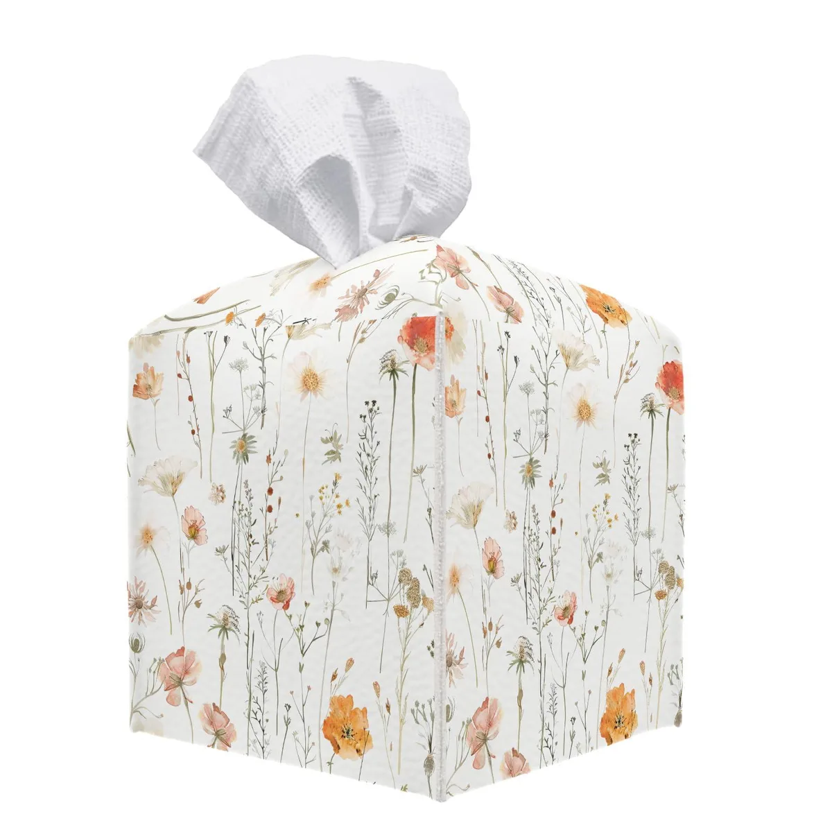 Square tissue box cover in colorful floral waterproof PU leather, 5.2 inches