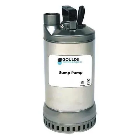 Stainless steel utility pump, cylindrical body, 16 inches tall, 7 inches wide, plug-in power cord