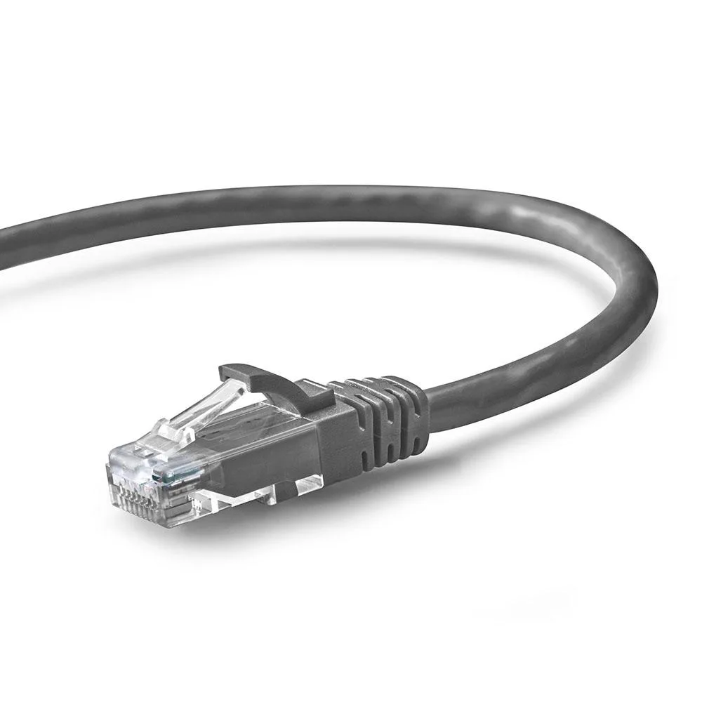 Ten gray Cat5e patch cables with snagless RJ45 connectors and strain relief boots, fifteen feet each