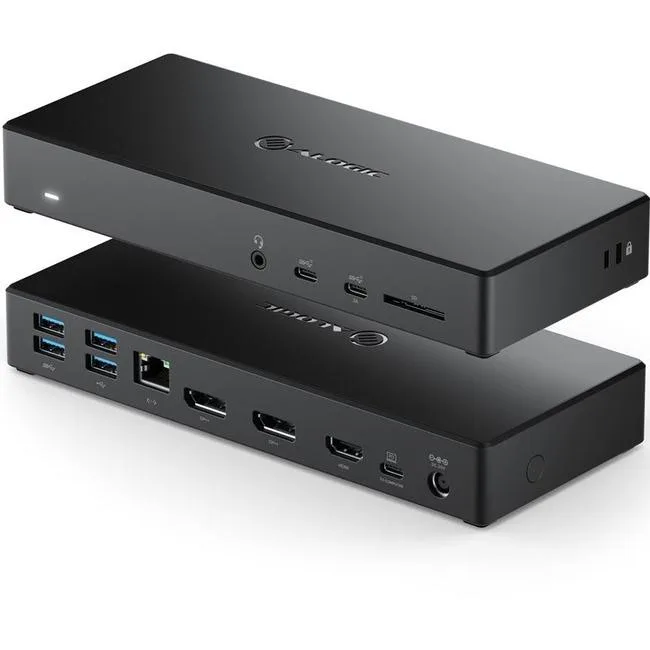 Compact dark rectangular USB-C docking station with multiple ports on front and back