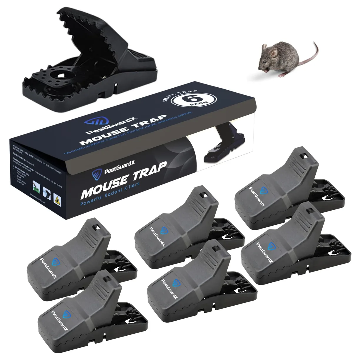 Six small rectangular plastic snap traps in a row