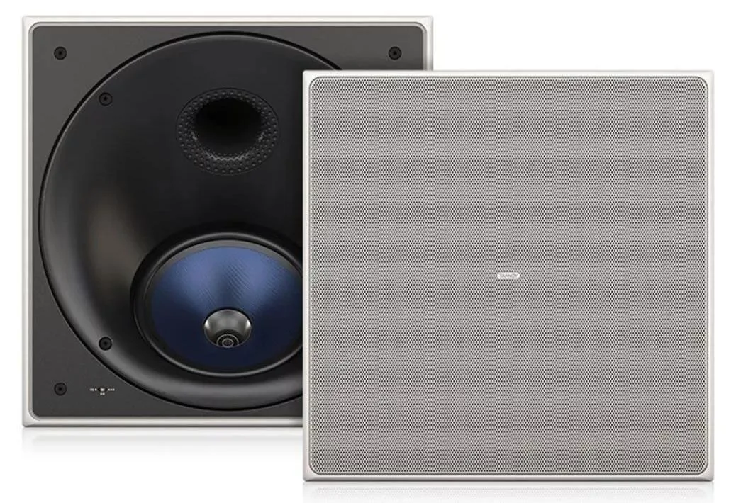 Square white in-ceiling speaker with dual concentric driver visible