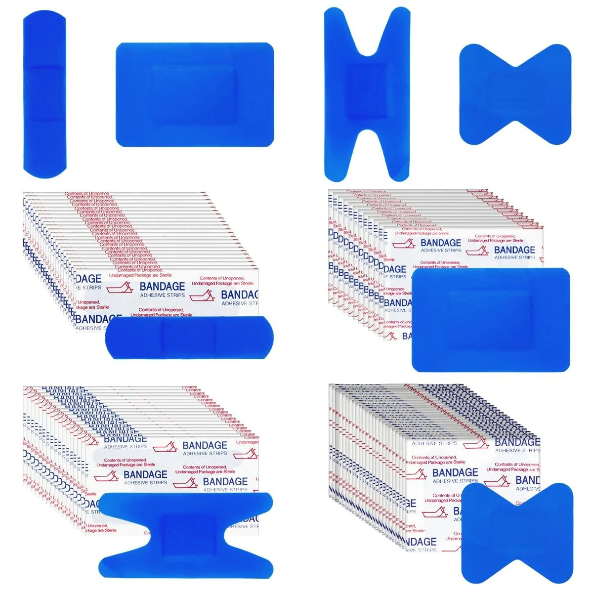 Box of 200 blue waterproof adhesive bandages in four shapes