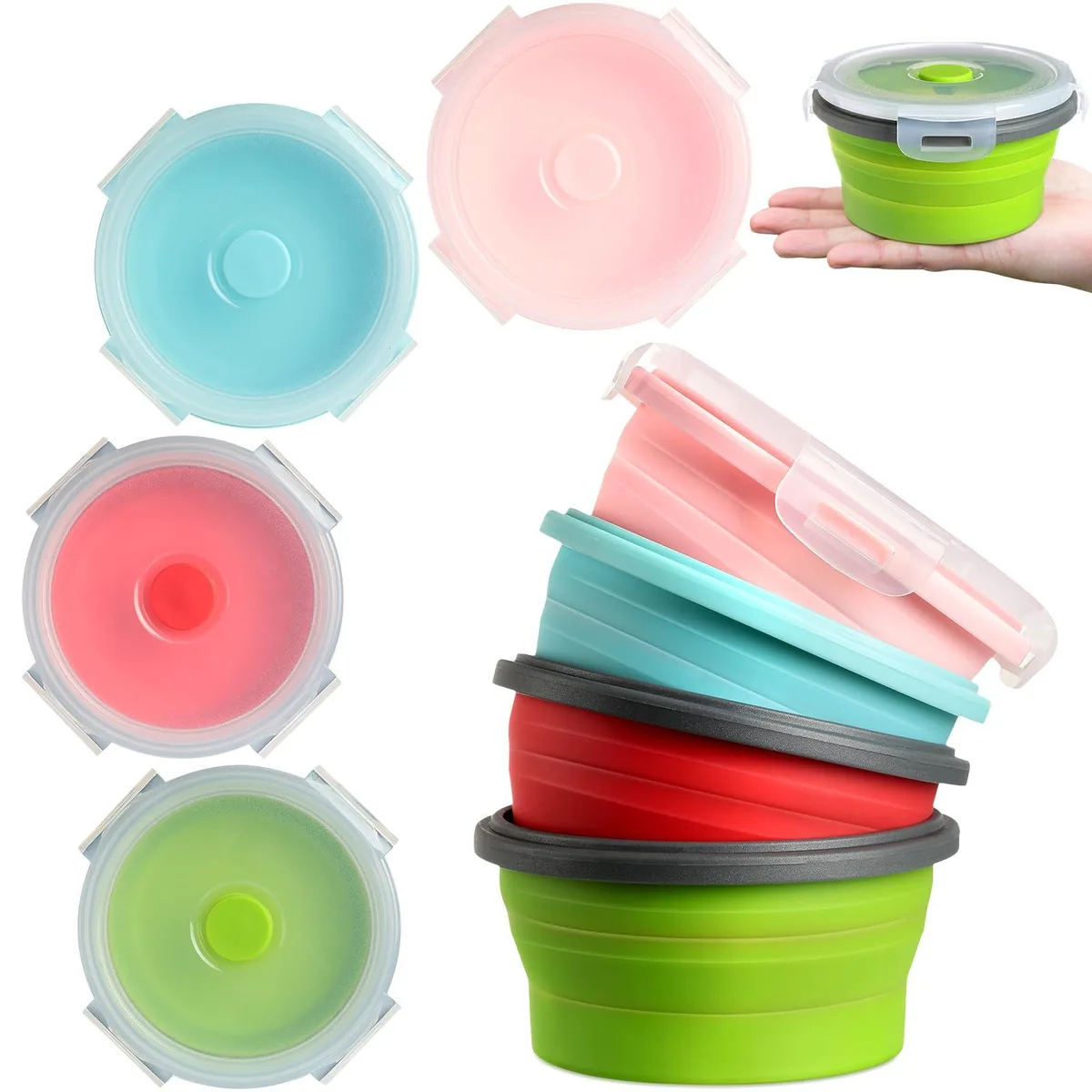 Four collapsible silicone bowls with lids in red pink blue green stacked flat