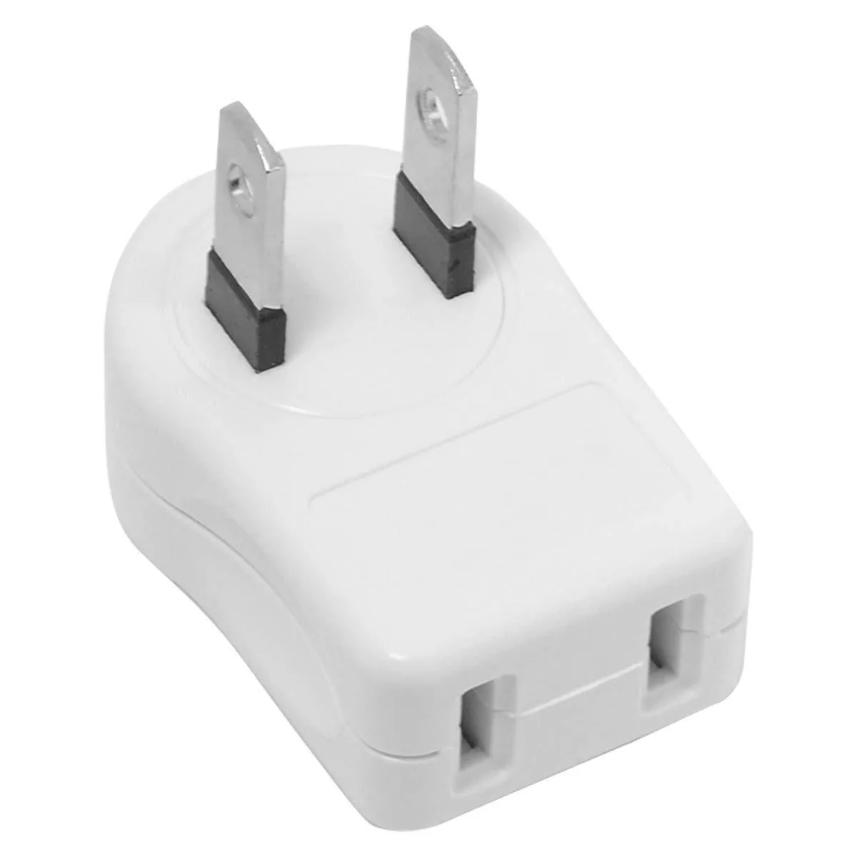 White plastic 90 degree angled power adapter with two NEMA 1-15 outlets