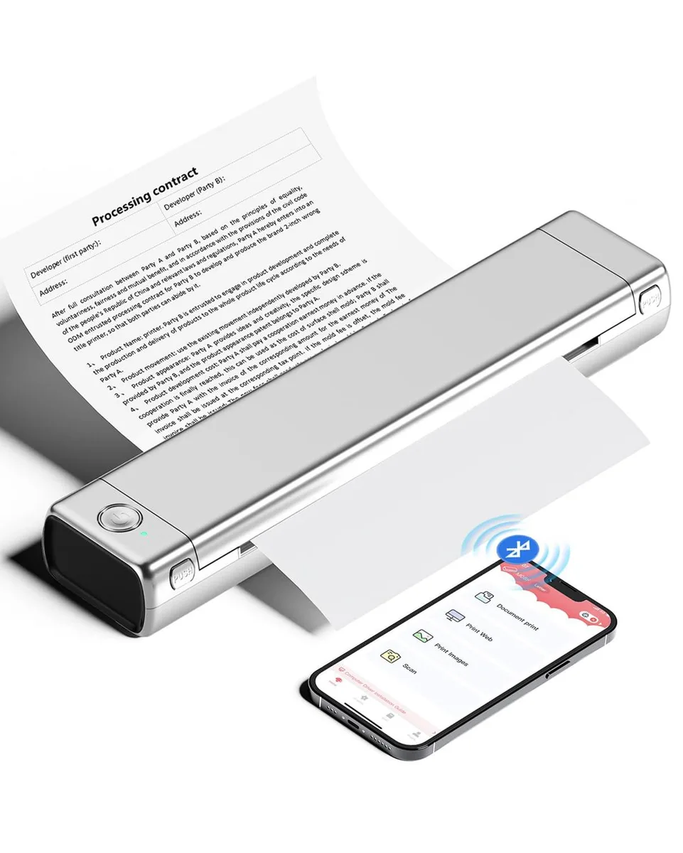 Liver-coloured portable thermal printer, slim rectangular shape, smooth matte finish